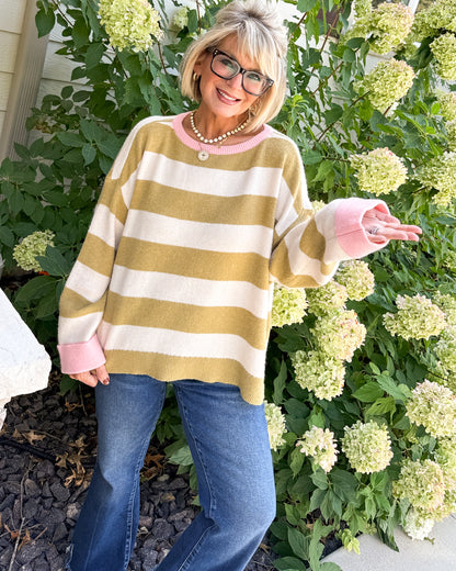 Line Up For Cozy Striped Contrast Trim Sweater