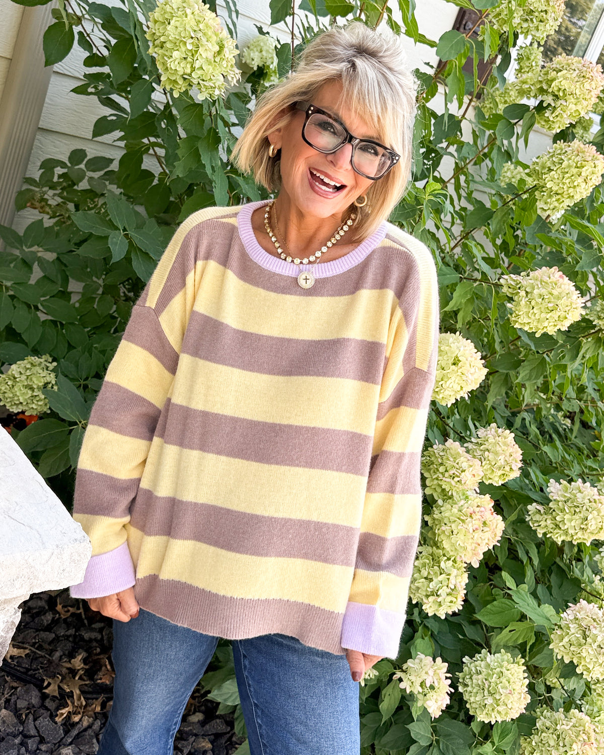 Line Up For Cozy Striped Contrast Trim Sweater