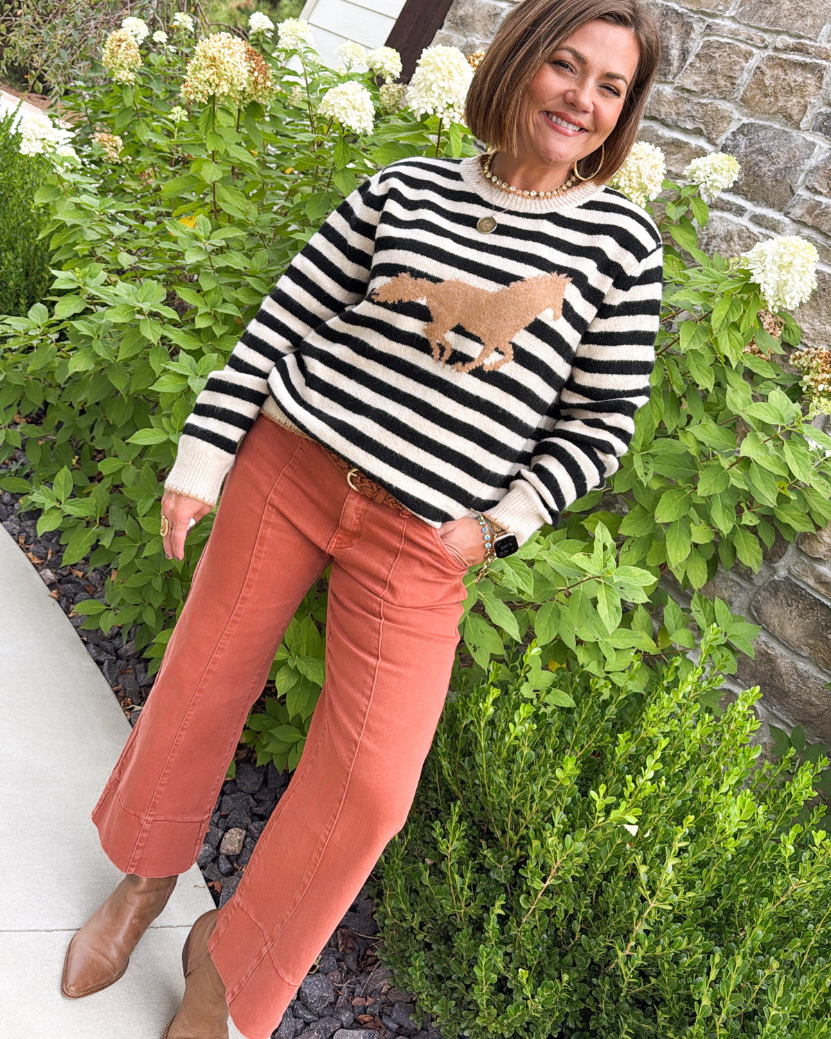 Off To The Races Striped Horse Knit Sweater