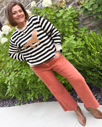 Off To The Races Striped Horse Knit Sweater