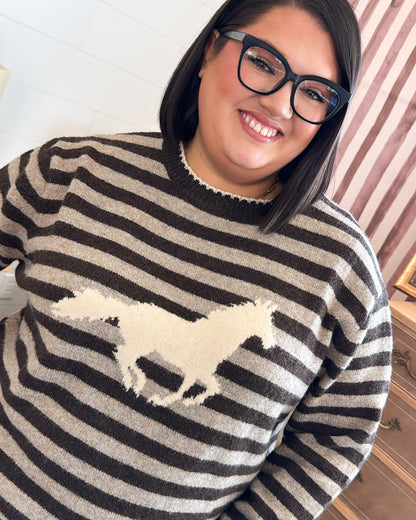 Off To The Races Striped Horse Knit Sweater