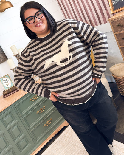 Off To The Races Striped Horse Knit Sweater