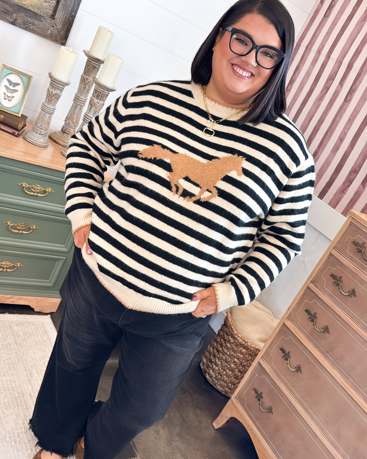 Off To The Races Striped Horse Knit Sweater
