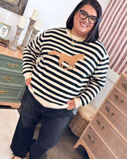 Off To The Races Striped Horse Knit Sweater
