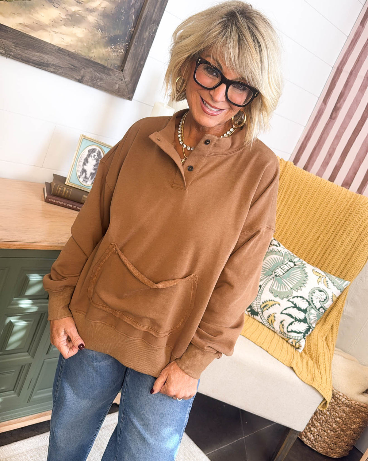 Cappuccino Sipping Henley Pouch Pocket Pullover - Brown