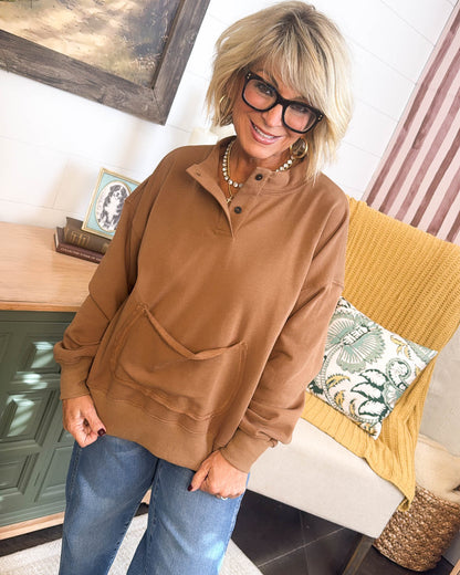 Cappuccino Sipping Henley Pouch Pocket Pullover - Brown