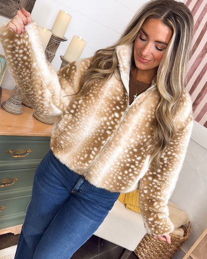 Winter Woods Fawn Print Faux Fur Jacket