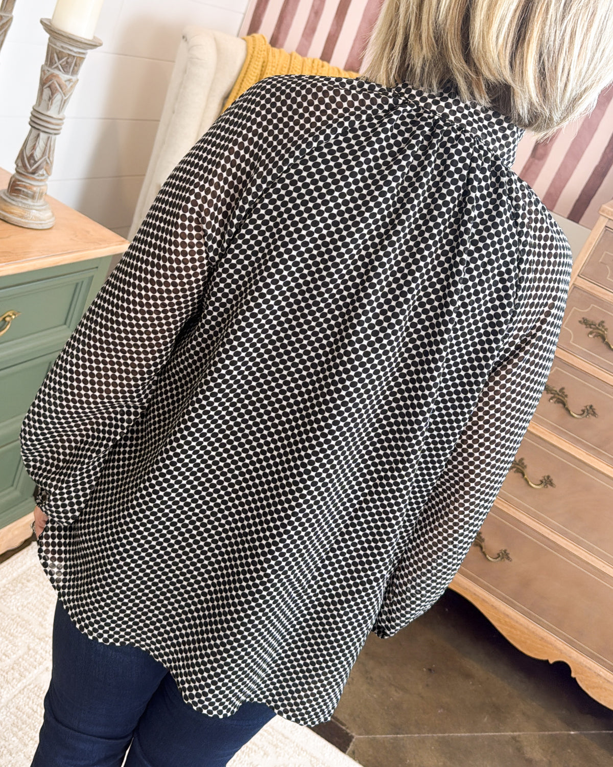 Parisian Charm Polka Dot Tie Neck Blouse