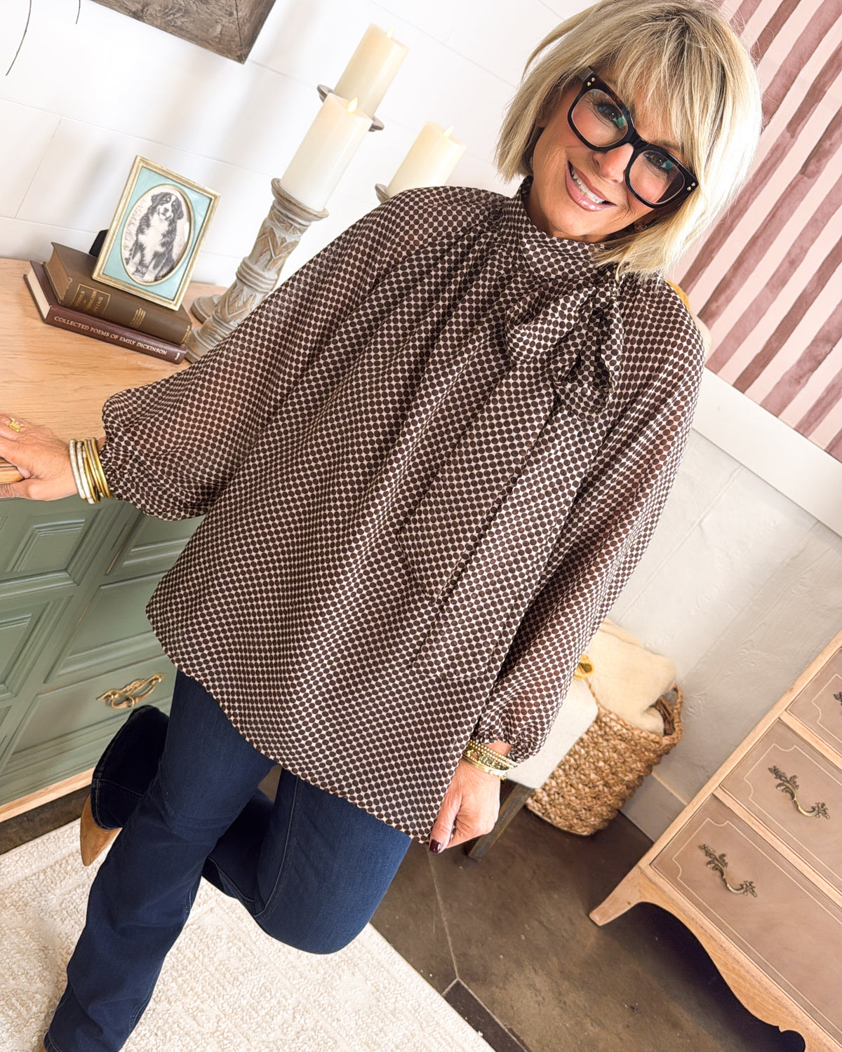 Parisian Charm Polka Dot Tie Neck Blouse
