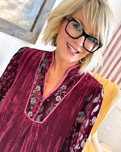 Gypsy Moon Velvet Printed Sleeve Blouse - Merlot