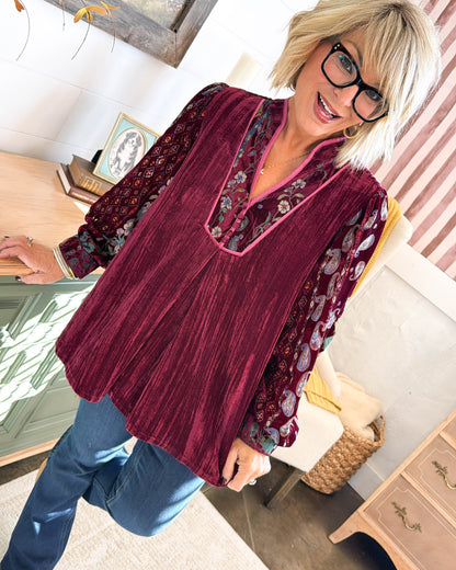 Gypsy Moon Velvet Printed Sleeve Blouse - Merlot
