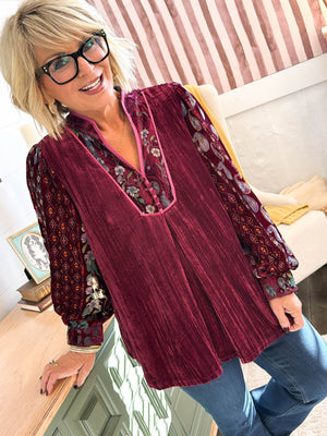 Gypsy Moon Velvet Printed Sleeve Blouse in Merlot