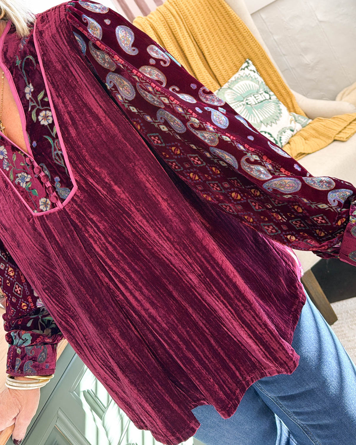 Gypsy Moon Velvet Printed Sleeve Blouse - Merlot