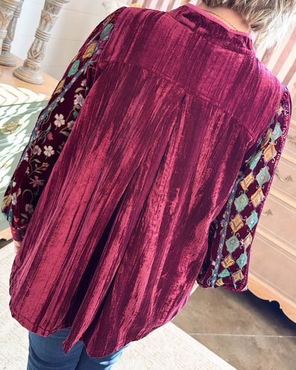 Gypsy Moon Velvet Printed Sleeve Blouse - Merlot
