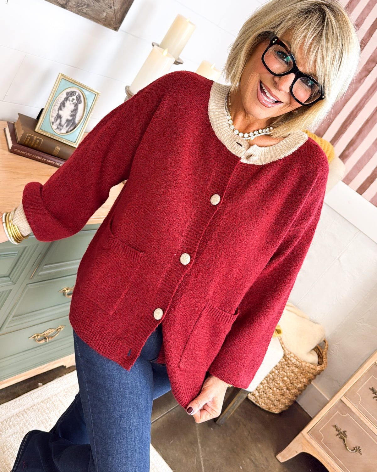Winterberry Contrast Trim Sweater Cardigan