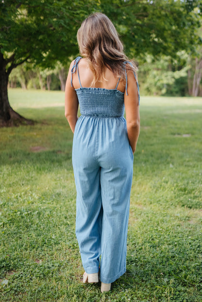 Chambray Smocked Tie Shoulder Jumpsuit