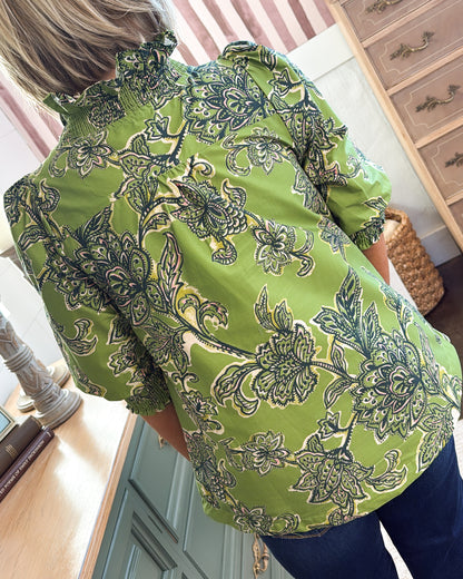 Back view of the sage green floral print blouse with puff sleeves