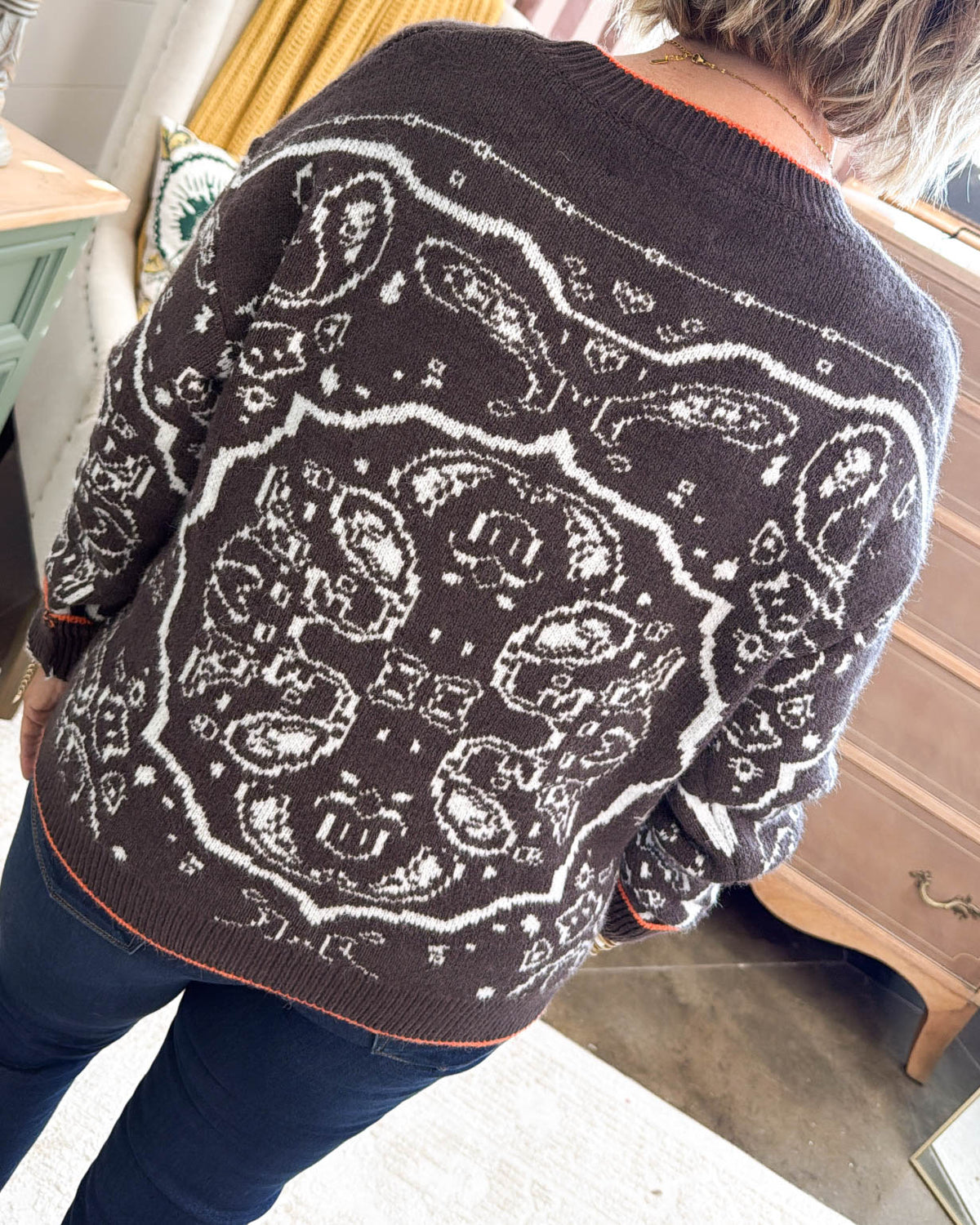Nostalgic Charm Paisley Drop Shoulder Sweater - Brown
