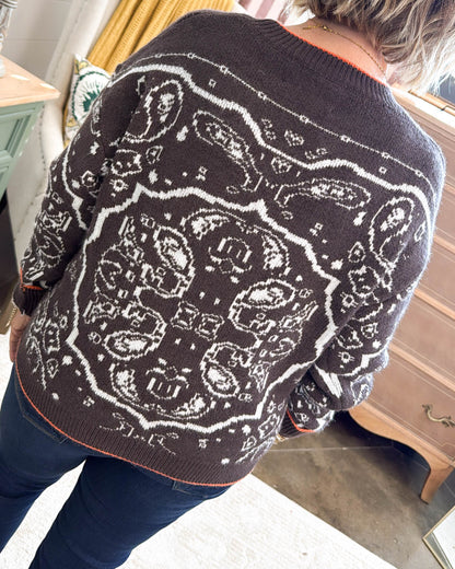 Nostalgic Charm Paisley Drop Shoulder Sweater - Brown