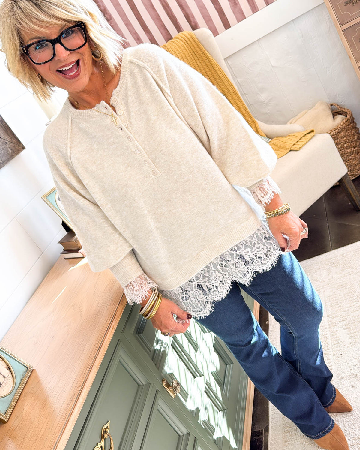 A Lace Affair Layered Look Henley Sweater - Cream
