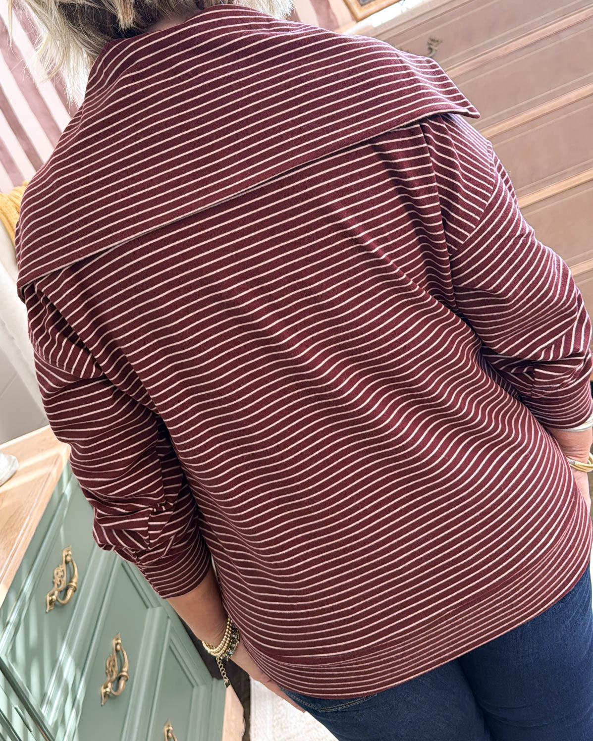 The Wine Down Striped Quarter Zip Pullover - Burgundy