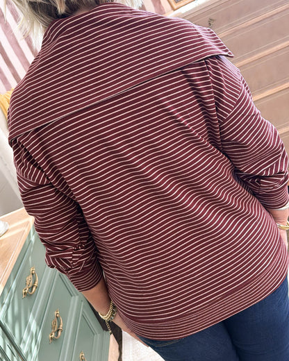 The Wine Down Striped Quarter Zip Pullover - Burgundy