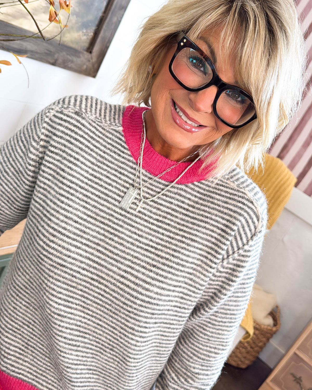 Soft Spoken Striped Contrast Trim Sweater - Ivory