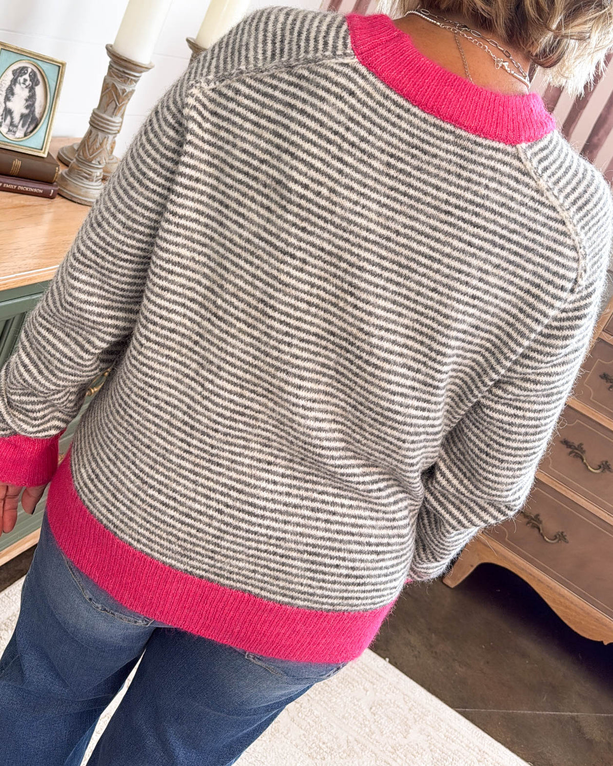 Soft Spoken Striped Contrast Trim Sweater - Ivory