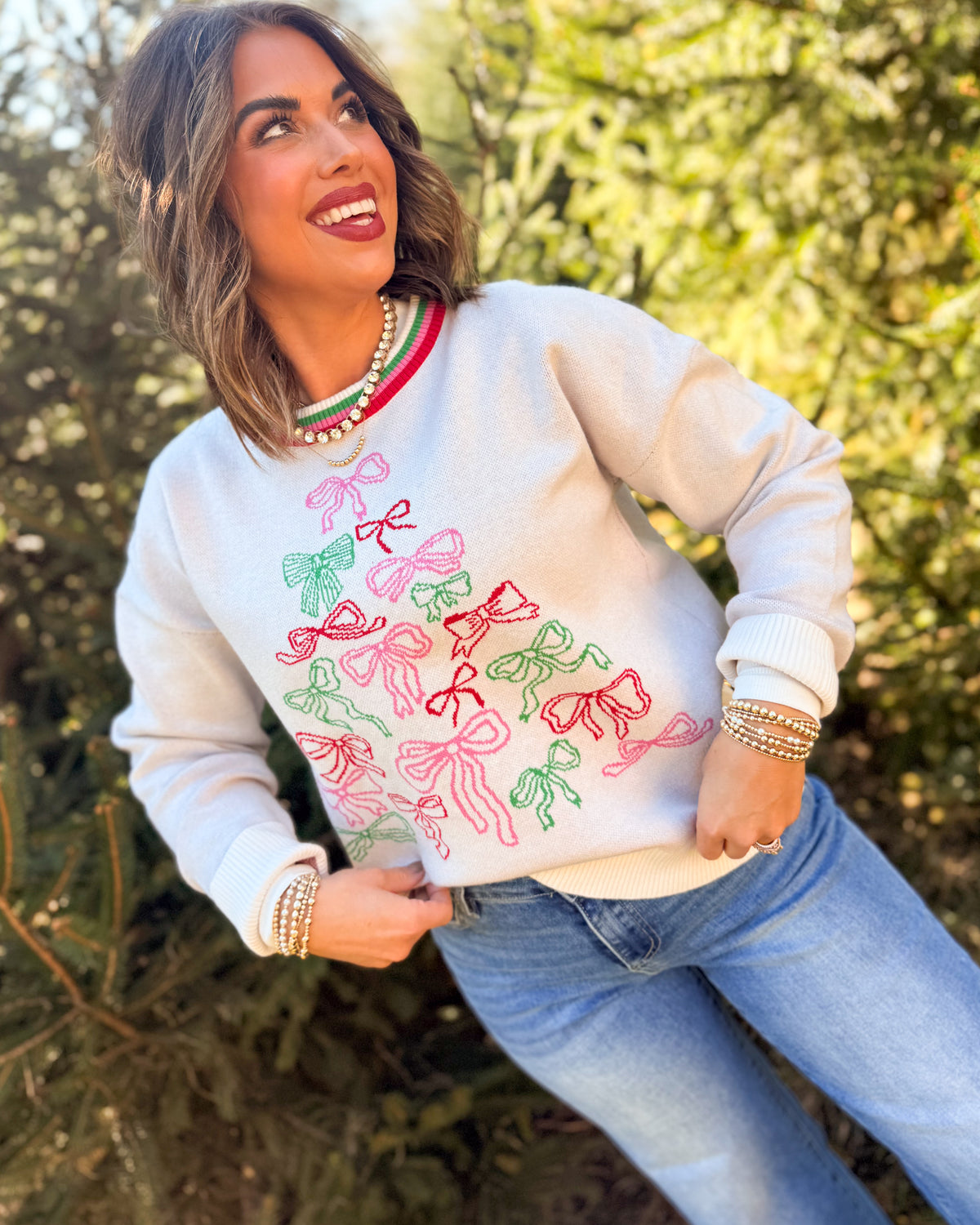 Bow On Top Mixed Bow Knit Sweater