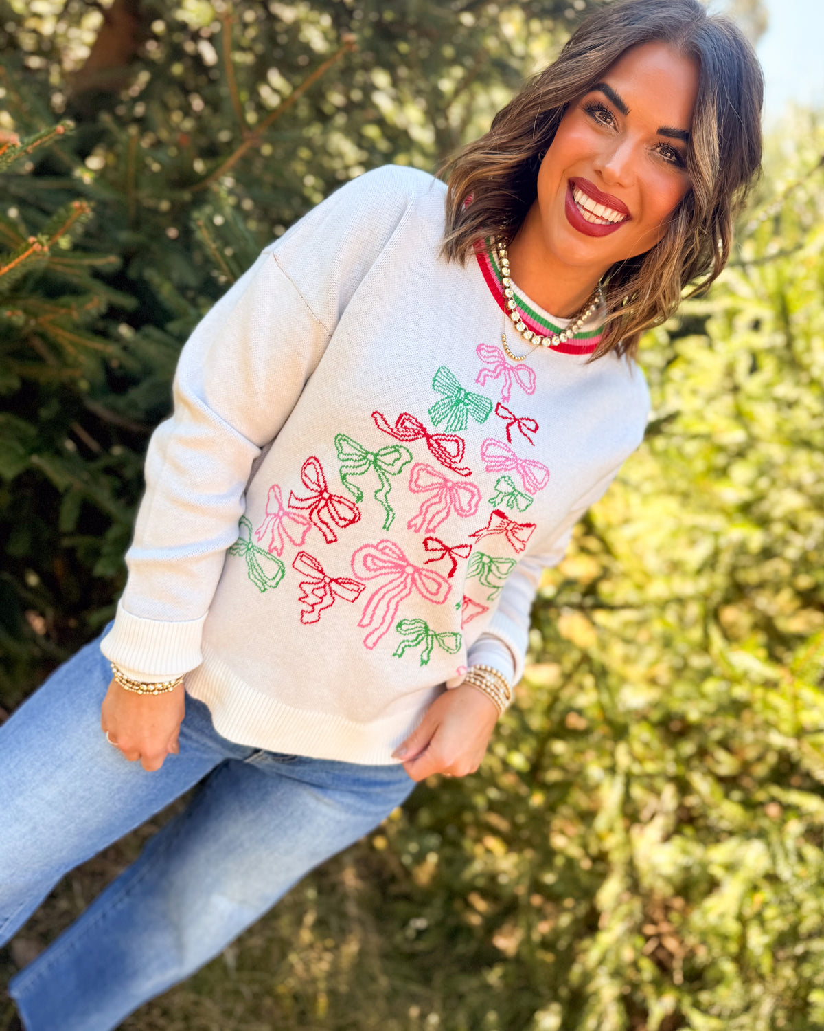 Bow On Top Mixed Bow Knit Sweater