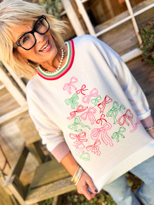 Bow On Top Mixed Bow Knit Sweater