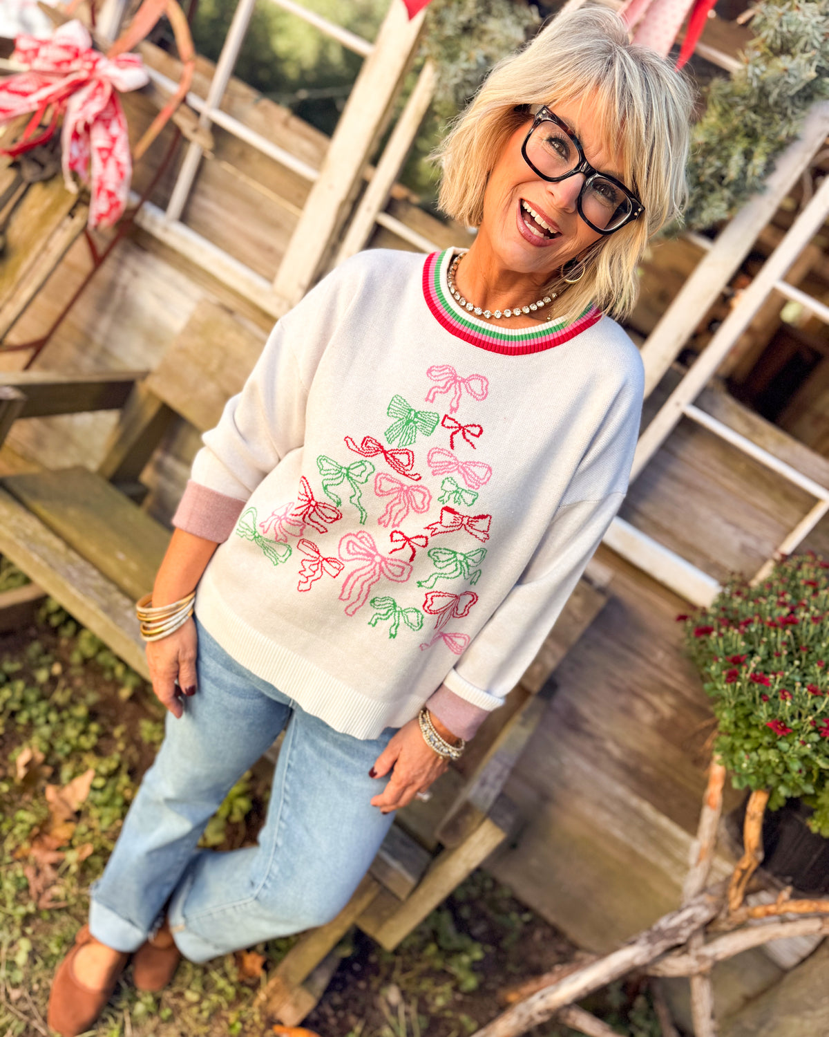 Bow On Top Mixed Bow Knit Sweater