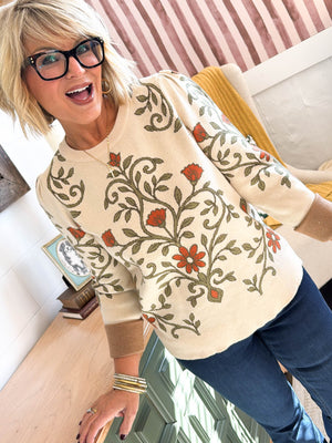 Olive Branch Floral Pleat Shoulder Sweater