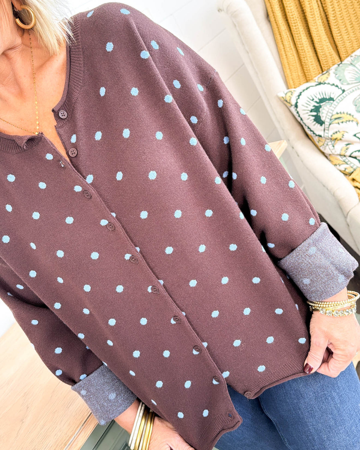 Pretty In Polka Dots Sweater Cardigan - Brown