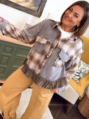 Tattered Treasure Mixed Print Ruffle Hem Shirt