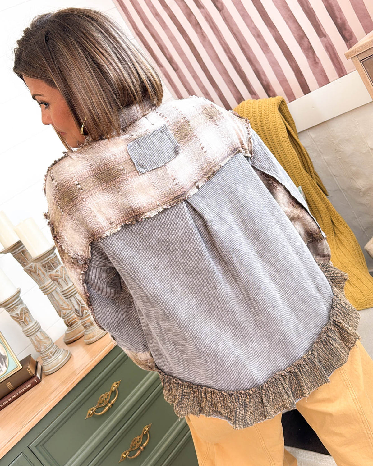 Tattered Treasure Mixed Print Ruffle Hem Shirt