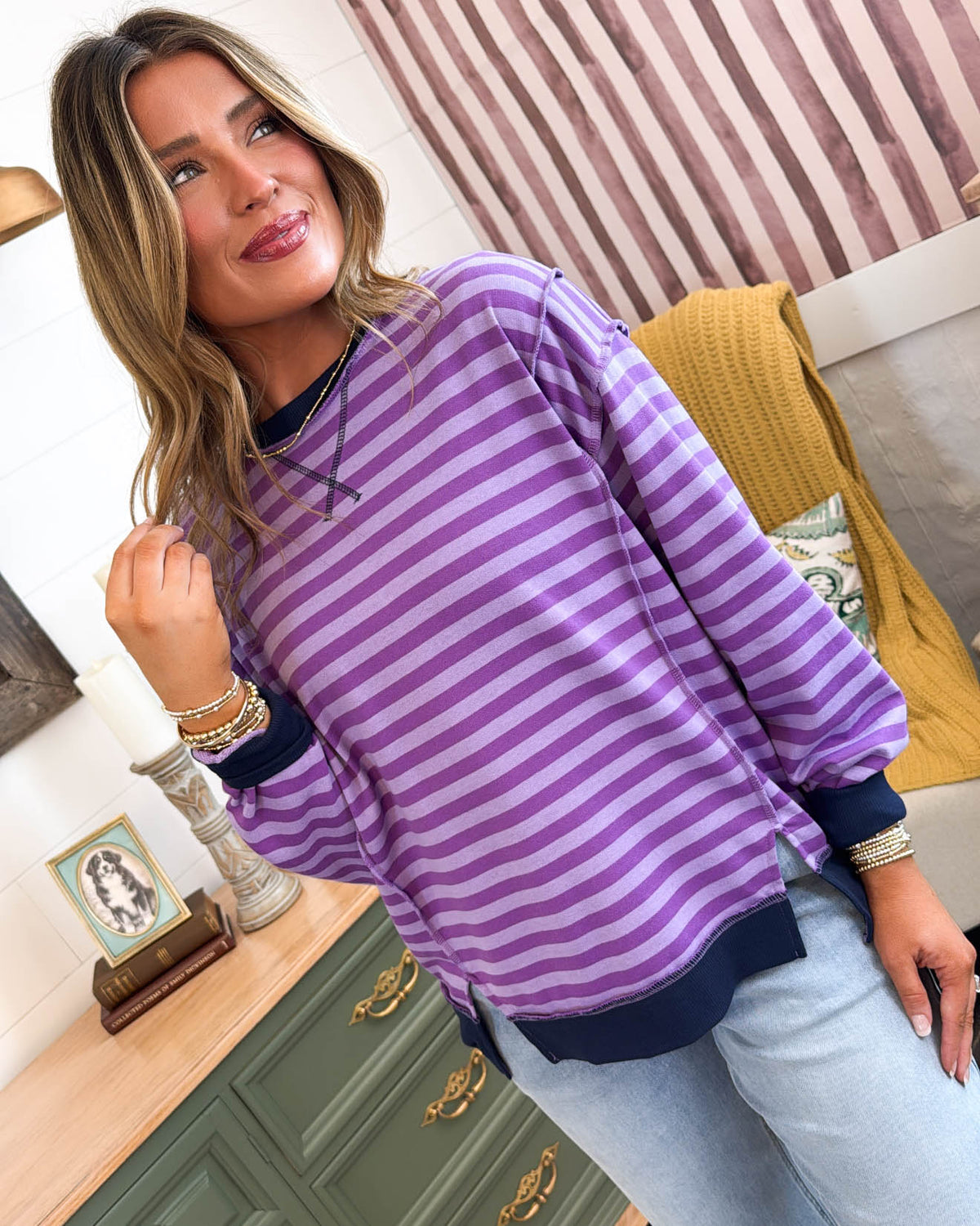 Double Feature Striped Exposed Seam Pullover - Violet