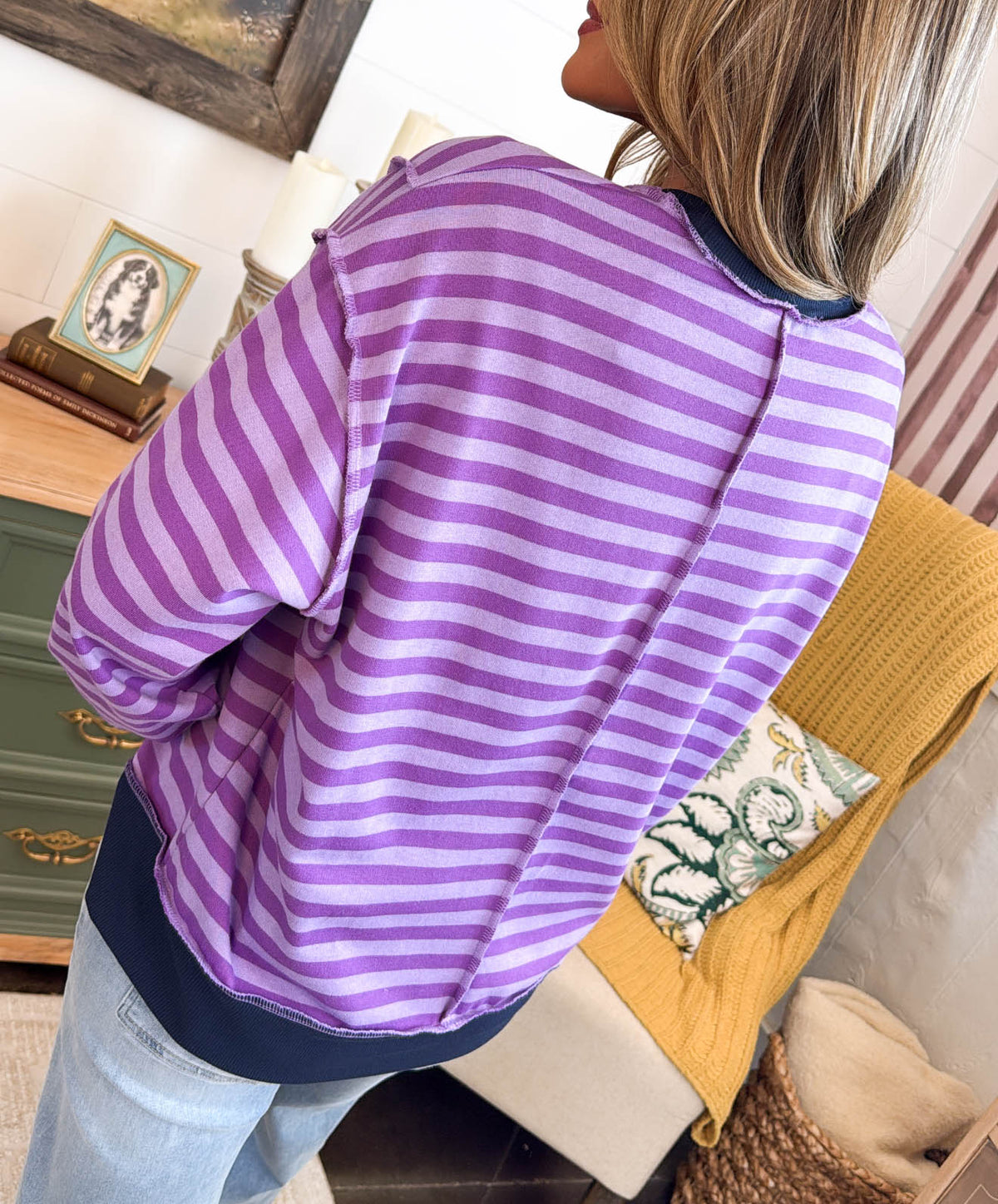 Double Feature Striped Exposed Seam Pullover - Violet