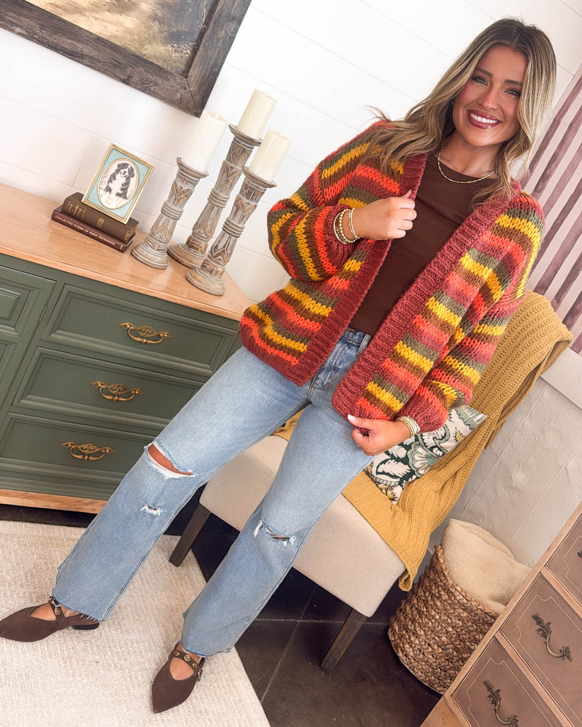 Color Crush Striped Crocheted Knit Cardigan - Rust