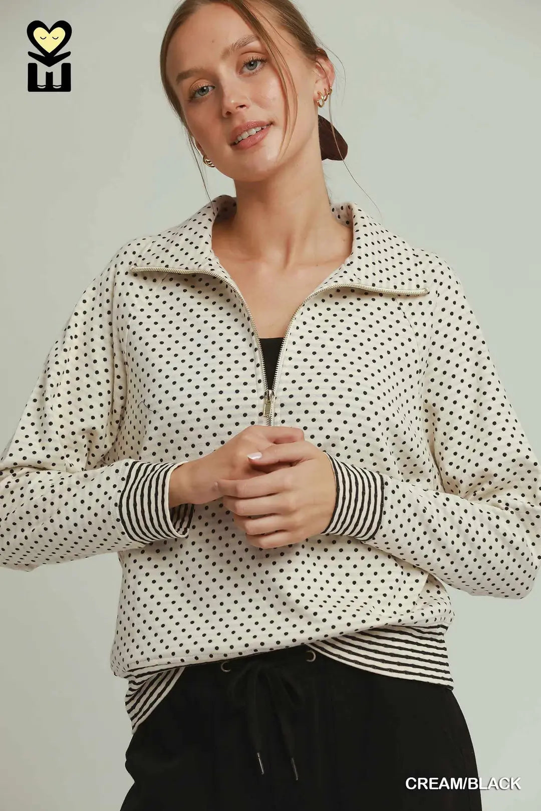 Bit Of Charm Polka Dot Contrast Trim Half Zip Top