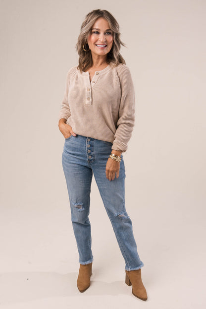 Ribbed Knit Henley Sweater