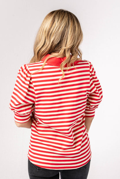 Striped Puff Sleeve Polo Top
