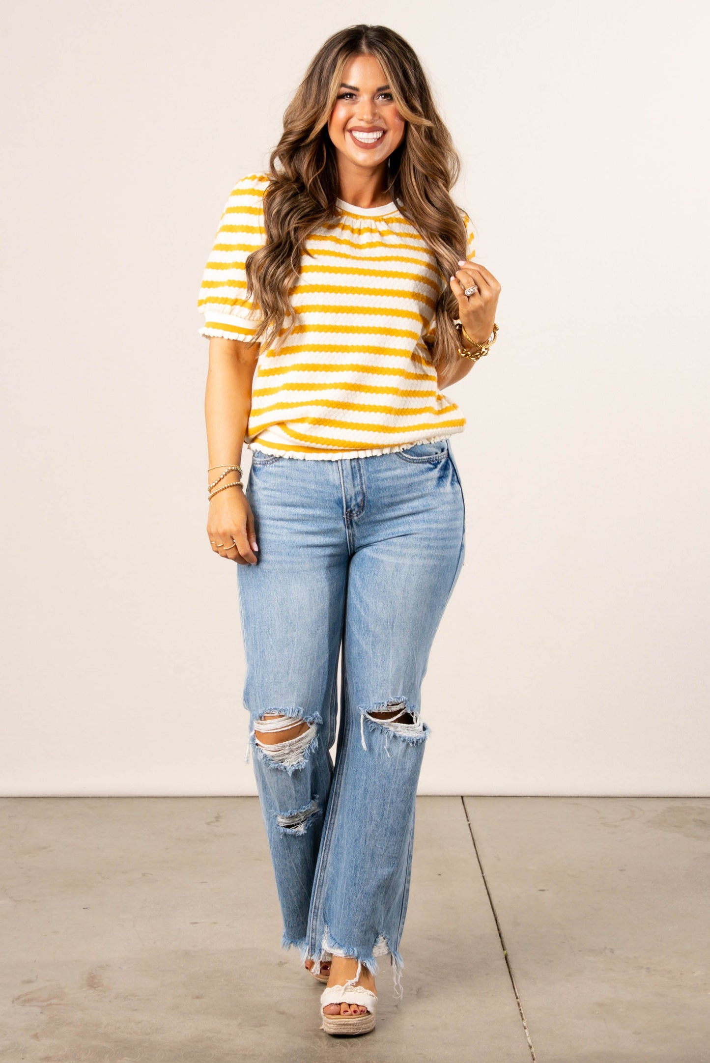 Textured Stripe Ruffle Trim Top