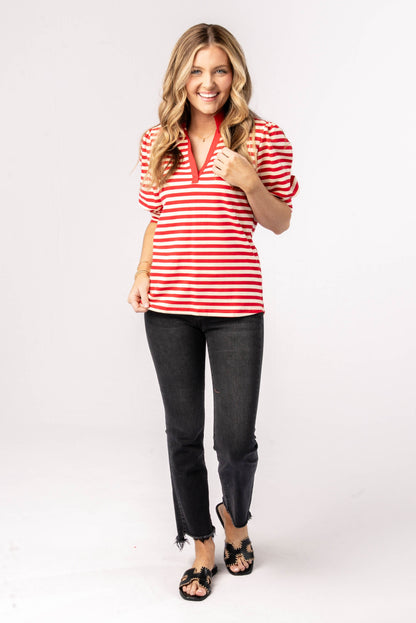 Striped Puff Sleeve Polo Top