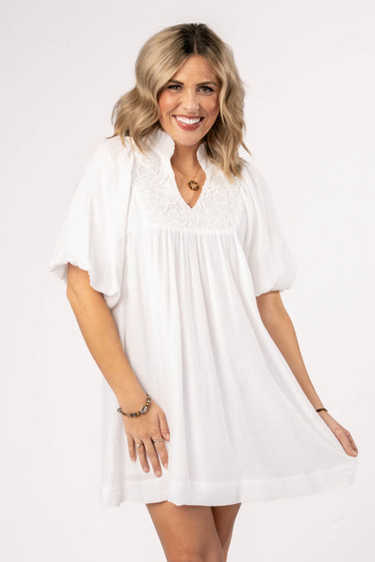 Lace Bodice Frill Neck Dress