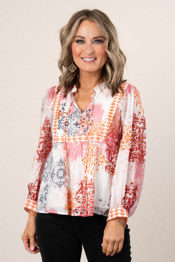Ornate Tie Neck Peasant Blouse