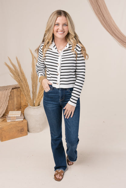 Striped Gold Button Crop Cardigan