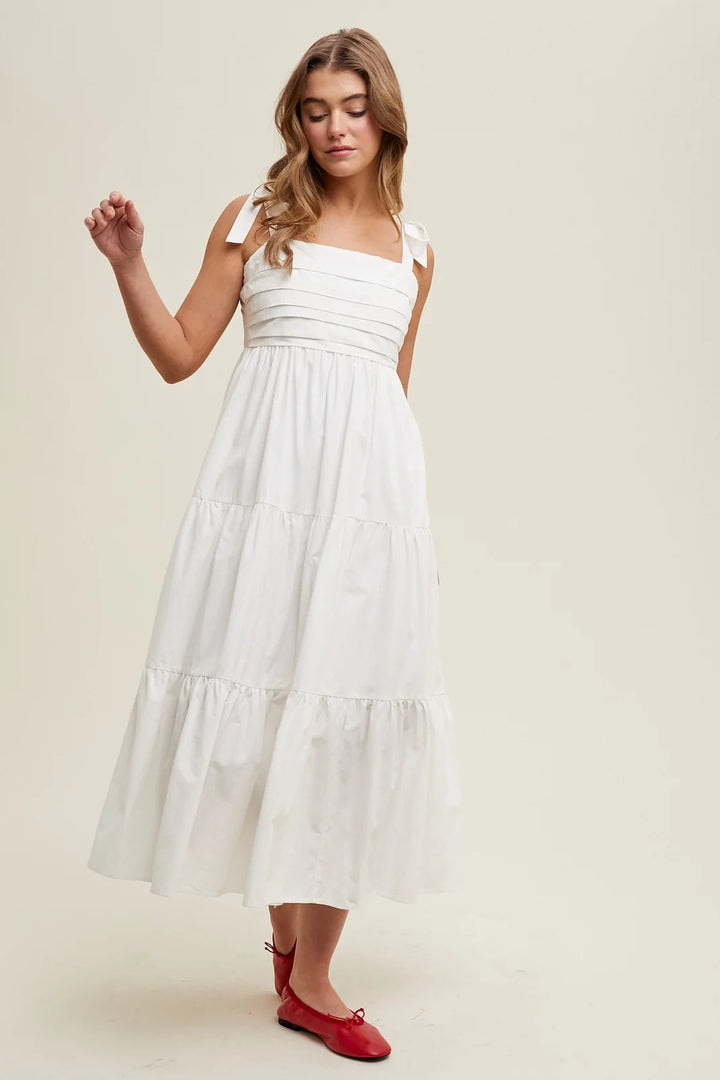 Pleated Tie Shoulder Midi Dress