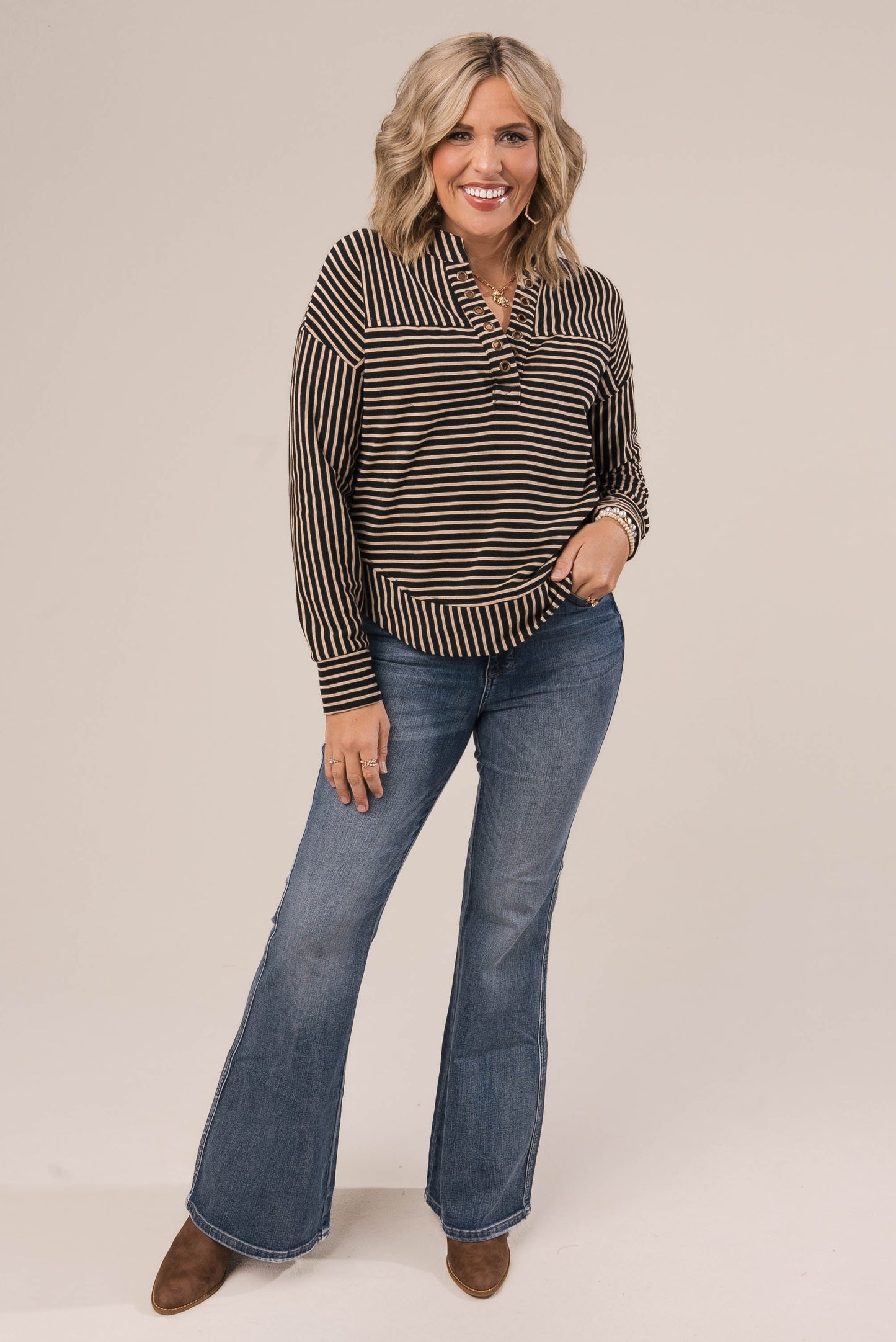 Striped Split Grommet Neck Top
