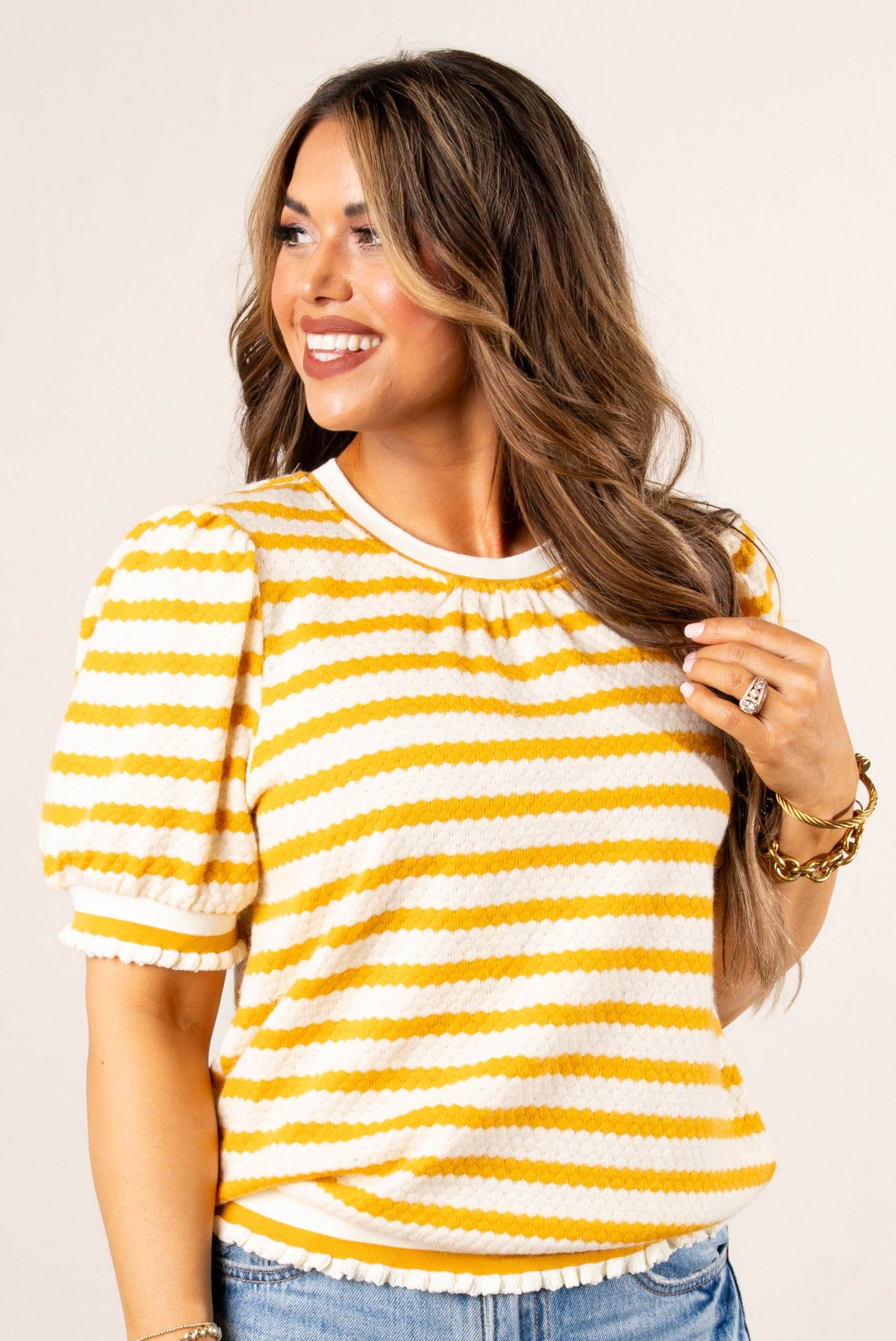 Textured Stripe Ruffle Trim Top